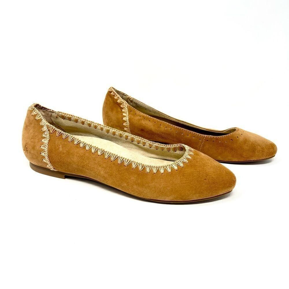 Jack Rogers Ellie Suede II Oak Tan Brown Whip Stitch Detail Ballerina Flats 7.5